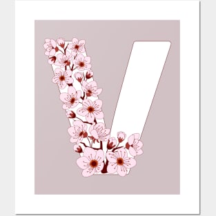 Colorful capital letter V patterned with sakura twig Posters and Art